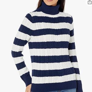 Navy Striped Chunky Knit Turtle Neck Long Sleeve